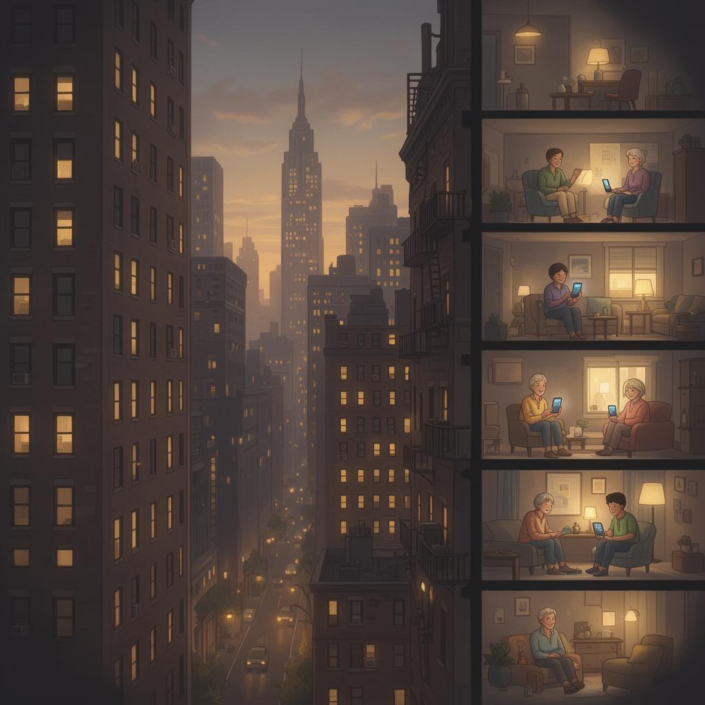 A busy city at dusk with cross-section views into rooms where lonely people smile while talking to MyChaperone, and people walking their dogs on a bridge below